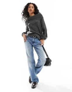 Pimkie Knitted Bardot Ruched Detail Jumper In Grey For Women -Cheap Fashnado Store 207133422 4