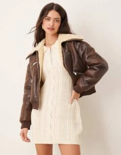 Pimkie Faux Shearling Aviator Jacket In Chocolate For Women -Cheap Fashnado Store 207133429 1 chocolate 1