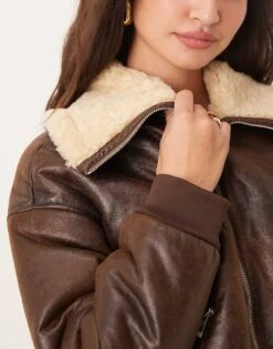 Pimkie Faux Shearling Aviator Jacket In Chocolate For Women -Cheap Fashnado Store 207133429 3