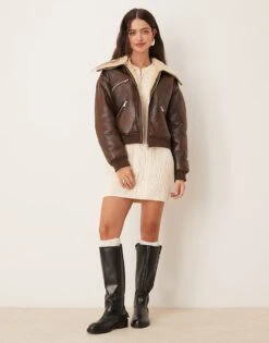 Pimkie Faux Shearling Aviator Jacket In Chocolate For Women -Cheap Fashnado Store 207133429 4