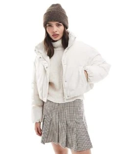 Pimkie Cropped Funnel Neck Padded Jacket In Cream For Women