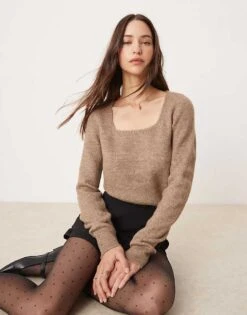 Pimkie Wool Mix Square Neck Jumper In Camel For Women