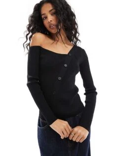 Pimkie Asymmetric Bardot Button Through Sweater In Black For Women