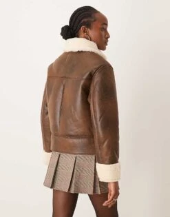 Pimkie Leather Look Borg Collar Aviator Jacket In Brown For Women Used Brown -Cheap Fashnado Store 207143230 4