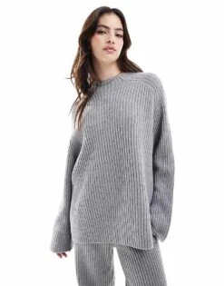 Pimkie Ribbed Knit Oversized Jumper & Wide Leg Trousers Co-ord In Light Grey