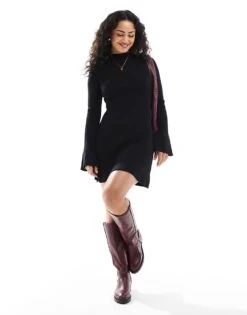 Pimkie Knitted Ribbed High Neck Skater Flare Sleeve Jumper Dress In Black For Women