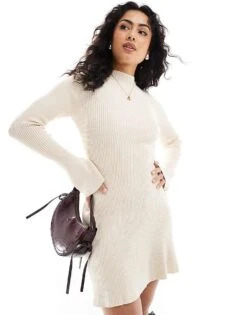 Pimkie Knitted Ribbed High Neck Skater Flare Sleeve Jumper Dress In Ecru For Women -Cheap Fashnado Store 207240592 1 ecru 1