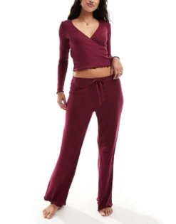 Boux Avenue Ribbed Wrap Long Sleeve Pyjama Top And Trouser Set In Burgundy Red For Women