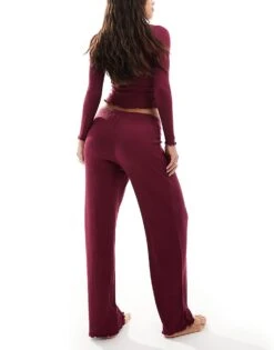 Boux Avenue Ribbed Wrap Long Sleeve Pyjama Top And Trouser Set In Burgundy Red For Women -Cheap Fashnado Store 207269866 4