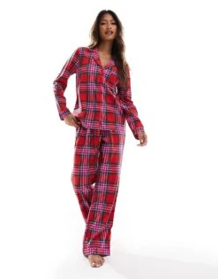 Boux Avenue Christmas Fleece Long Sleeve & Trouser Pjs In A Bag In Red Check Print For Women