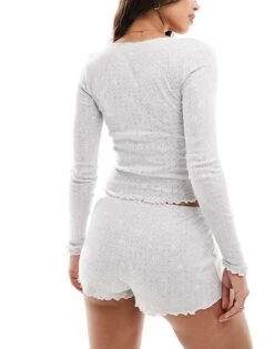 Boux Avenue Pointelle Bows Long Sleeve Pyjama Top And Short Set In Grey For Women -Cheap Fashnado Store 207269869 4