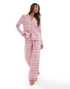Boux Avenue Christmas Fleece Long Sleeve & Trouser Pjs In A Bag In Fairisle Print For Women Pink
