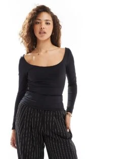 Pimkie Slinky Long Sleeve Wide Scoop Neck Top In Black For Women