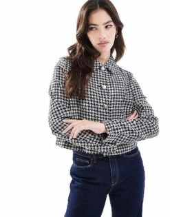 Pimkie Cropped Boucle Jacket In Blue And Black Houndstooth For Women Blue Tweed -Cheap Fashnado Store 207501673 1 bluetweed 1