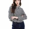 Pimkie Cropped Boucle Jacket In Blue And Black Houndstooth For Women Blue Tweed -Cheap Fashnado Store 207501673 1 bluetweed