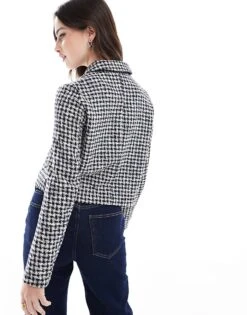 Pimkie Cropped Boucle Jacket In Blue And Black Houndstooth For Women Blue Tweed -Cheap Fashnado Store 207501673 2