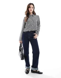 Pimkie Cropped Boucle Jacket In Blue And Black Houndstooth For Women Blue Tweed -Cheap Fashnado Store 207501673 4