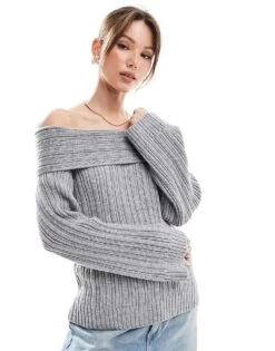 Pimkie Off Shoulder Ribbed Knit Wide Sleeve Jumper In Grey For Women