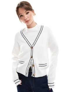 Pimkie Contrast Trim Pocket Cardigan In White For Women -Cheap Fashnado Store 207514985 1 white 1
