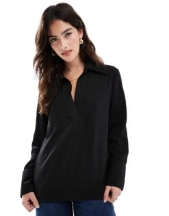 Pimkie Collar Detail Long Sleeve V-neck Relaxed Shirt In Black For Women
