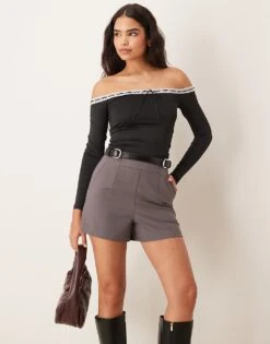 Pimkie Bardot Bow Detail Lace Trim Ribbed Long Sleeve Top In Black For Women