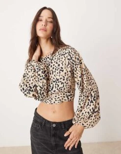 Pimkie Cropped Bow Back Blouse In Animal Print For Women