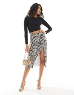 Pimkie Slinky Thigh Split Midi Skirt In Snake Print For Women -Cheap Fashnado Store 207522942 1 snakeprint 1