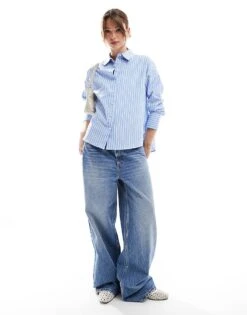 Pimkie Oxford Button Through Shirt In Blue Stripe For Women -Cheap Fashnado Store 207630106 1 blue 1