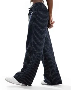 Pimkie Wide Leg Drawstring Tie Waist Trousers In Navy Pinstripe For Women Navy Blue -Cheap Fashnado Store 207630139 3