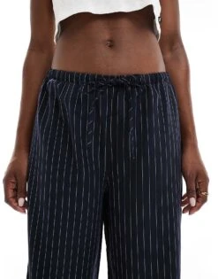 Pimkie Wide Leg Drawstring Tie Waist Trousers In Navy Pinstripe For Women Navy Blue -Cheap Fashnado Store 207630139 4