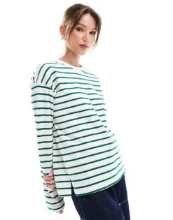 Pimkie Crew Neck Long Sleeve T-shirt In White And Green Stripe For Women