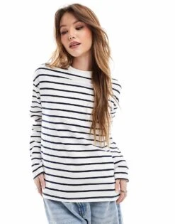 Pimkie Crew Neck Long Sleeve T-shirt In White And Navy Stripe For Women -Cheap Fashnado Store 207637719 1 whiteandnavy 1