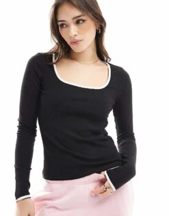 Pimkie Contrast Trim Square Neck Top In Black And White For Women -Cheap Fashnado Store 207637733 1 blackandwhite 1