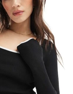 Pimkie Contrast Trim Square Neck Top In Black And White For Women -Cheap Fashnado Store 207637733 3