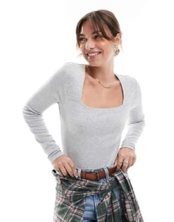 Pimkie Square Neck Long Sleeve Body In Grey For Women -Cheap Fashnado Store 207637761 1 grey 1