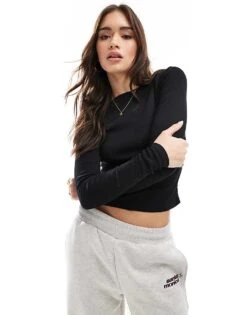 Pimkie Wide Neck Fine Rib Long Sleeve Top In Black For Women