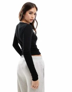 Pimkie Wide Neck Fine Rib Long Sleeve Top In Black For Women -Cheap Fashnado Store 207637804 4