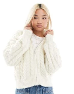 Pimkie Cable Knit Zip Up Cardigan In Cream For Women